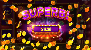 Devil Joker Superb Win animation following a multiplier-enhanced tumble during free spins.