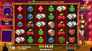 Devil Joker free spins in progress with multiplier gems, tumble wins, and the active bonus round.