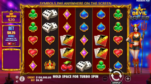 evil Joker base game showing the 6x5 pay-anywhere grid with classic card symbols and the devil hostess.
