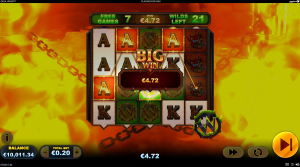 Devil Wilds Big Win animation during the Inferno Free Spins feature with stacked wilds creating a large payout.