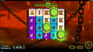 Devil Wilds bonus feature showing special wild symbols appearing across the reels before the free spins round.