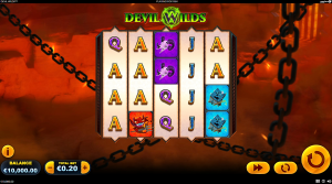 Devil Wilds base game showing the 5-reel layout with devil-themed symbols and expanding wild mechanics.