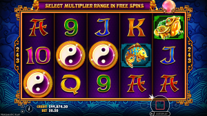5 Lions free spins selection screen with multiplier options