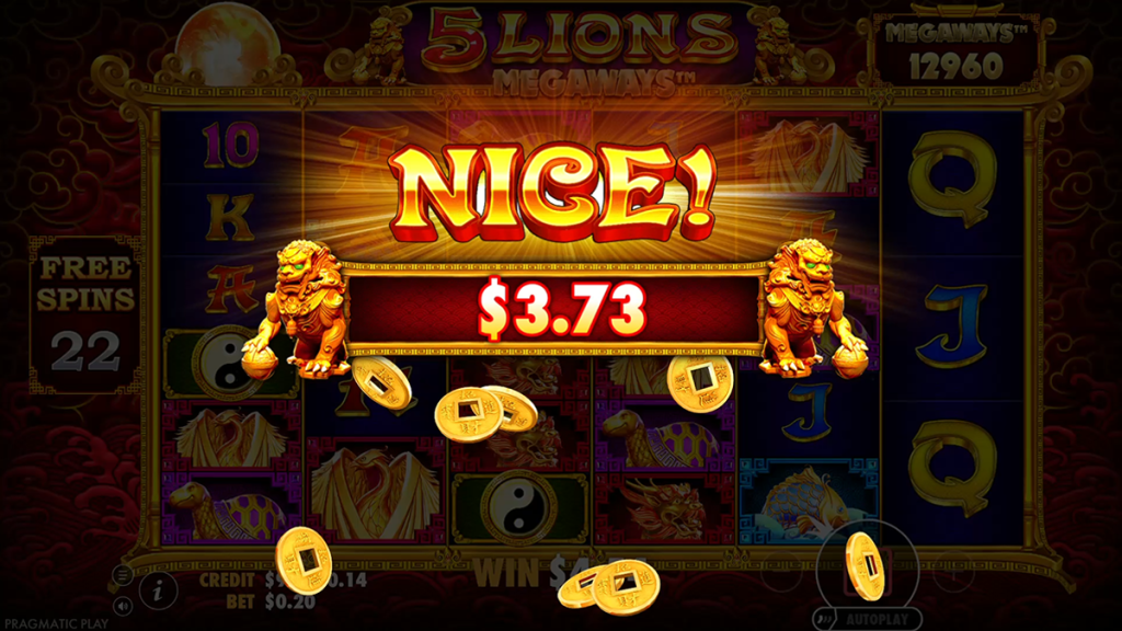 5 Lions Megaways Nice Win screen during the free spins bonus