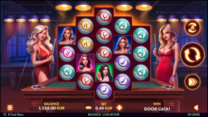 8 Pool Stars base game featuring the unique 3-4-5-4-3 reel layout and pool-themed symbols