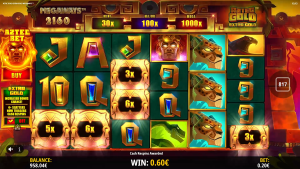 Aztec Gold Extra Gold Megaways Cash Respins bonus feature triggered with multiplier symbols