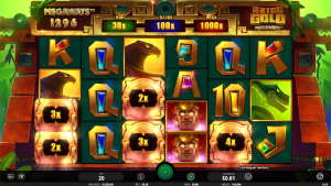 Aztec Gold Megaways Cash Respins feature triggered with Sun Disc multiplier symbols on the reels.