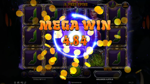 Book Of Horror Mega Win screen showing a large payout during the free spins feature.