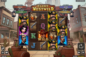 Clint Westwild base game showing the Wild West reels and comic-style symbols.