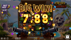 Coins and Cannons Big Win screen after a successful cluster combination with multiplier bonuses.