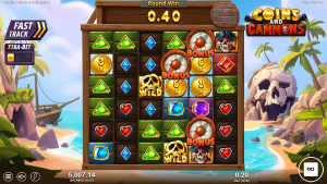 Coins and Cannons reels showing multiple Bonus compass symbols ready to trigger the free spins feature.