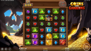 Coins and Cannons free spins bonus round with cluster wins, multiplier coins, and pirate symbols.