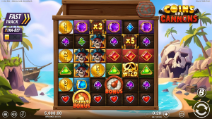 Coins and Cannons base game showing the 6x6 cluster grid with pirate symbols, multiplier coins, and bonus icons.