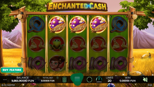 Enchanted Cash reels displaying three Free Spins scatter symbols that activate the bonus feature.