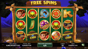 Enchanted Cash free spins bonus round with remaining free spins counter and bonus symbols on the reels.