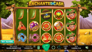 Enchanted Cash base game showing the 5-reel slot with Irish-themed symbols, wild leprechauns and 20 paylines.