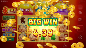 3 Hot Teapots Big Win screen during gameplay