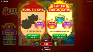 3 Hot Teapots Buy Bonus feature showing Bonus Game and Super Bonus Game options