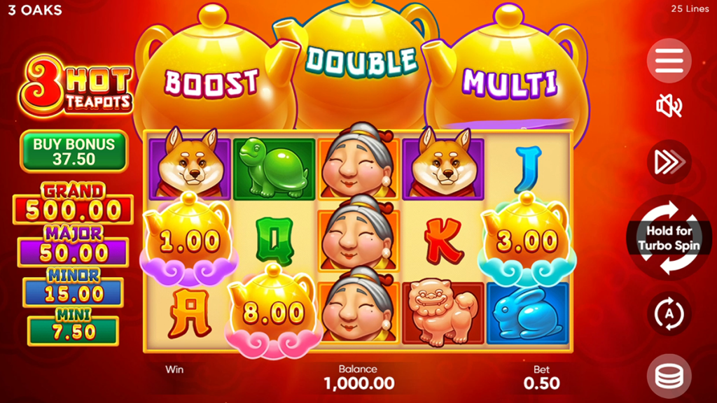 3 Hot Teapots base game screen with Boost, Double and Multi teapot meters