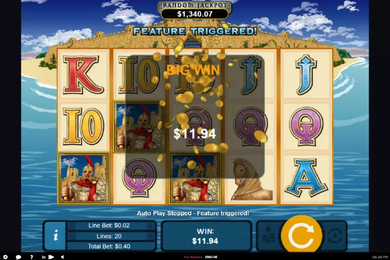 Achilles Big Win screen showing an $11.94 payout during the feature bonus sequence