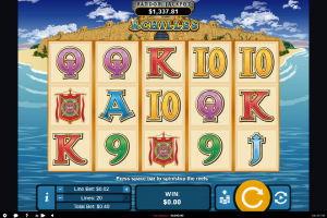 Achilles base game showing the 5x3 reels, Greek mythology symbols, and 20-payline layout