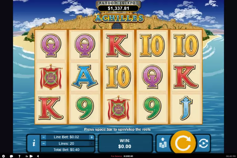 Achilles base game showing the 5x3 reels, Greek mythology symbols, and 20-payline layout