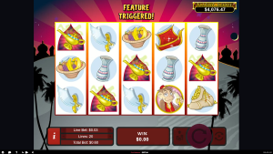 Aladdin's Wishes bonus feature triggered by magic lamp scatter symbols