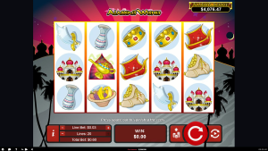 Aladdin's Wishes demo showing the base game reels and fantasy-themed symbols