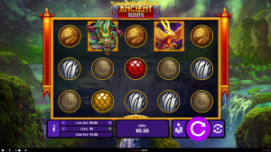 Ancient Gods demo showing the base game with Chinese mythology symbols and 25 paylines