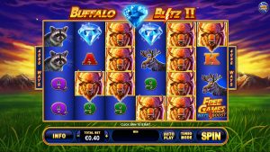 Buffalo Blitz 2 base game showing the 6x4 reels, wildlife symbols, and Ways to Win layout.