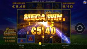 Buffalo Blitz 2 Big Win screen during the Ways Boost Free Games bonus with a winning payout celebration.