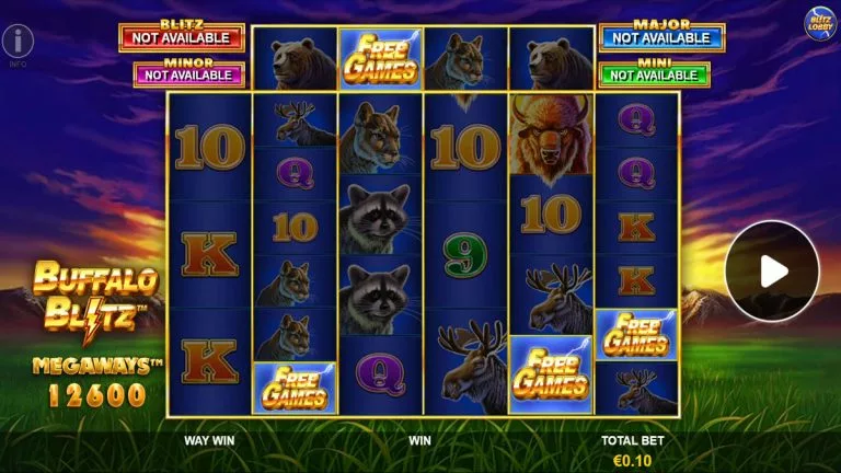 Buffalo Blitz 2 triggering the Ways Boost Free Games feature with multiple Free Games scatter symbols on the reels.