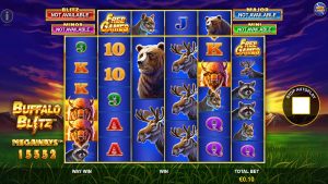 Buffalo Blitz 2 base game showing the 6x4 reels, wildlife symbols, and Ways to Win layout