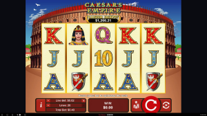 Caesar's Empire base game showing the 5-reel layout, Roman-themed symbols, and 20 adjustable paylines.