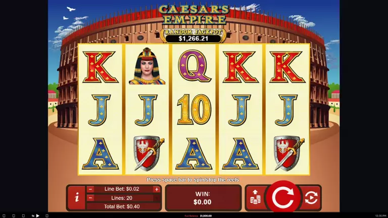 Caesar's Empire base game showing the 5-reel layout, Roman-themed symbols, and 20 adjustable paylines.