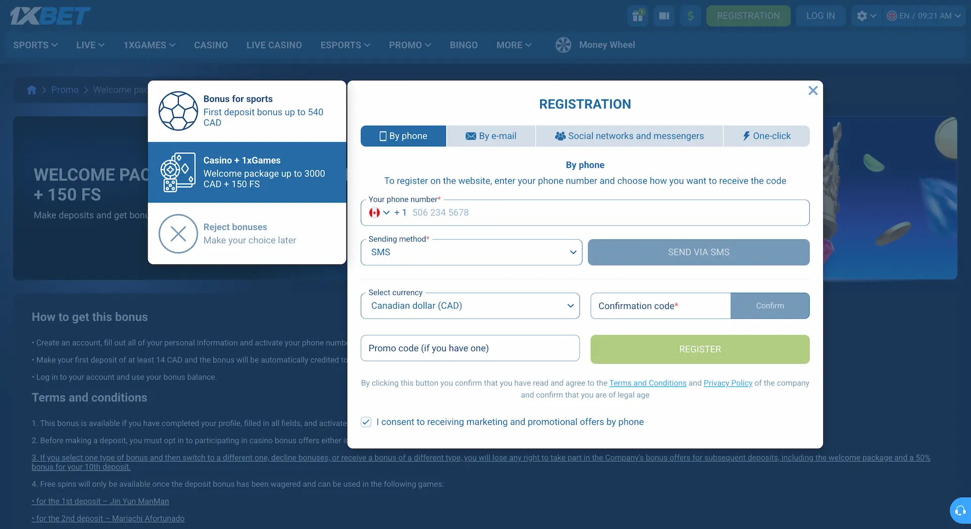 1xbet signup page