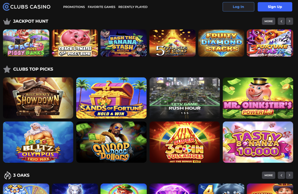 Clubs Casino - Screenshot with top games display.