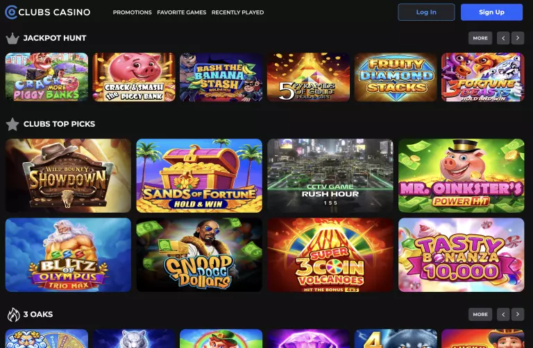 Clubs Casino - Screenshot with top games display.