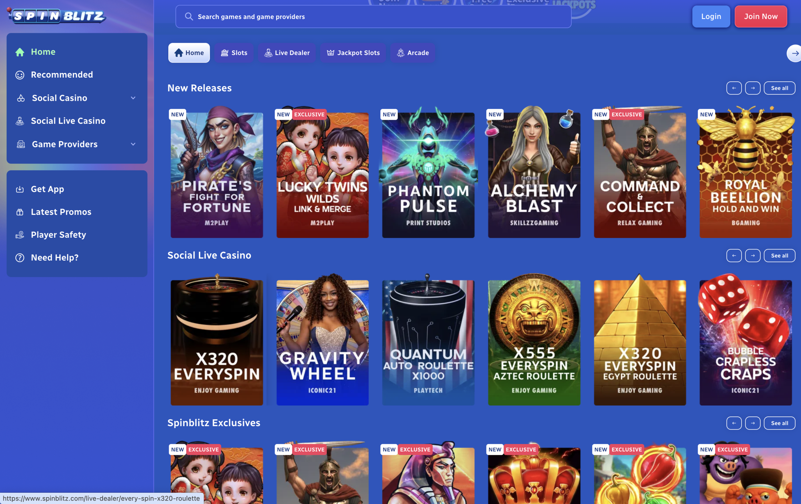 SpinBlitz - Banner with casino game thumbnails.
