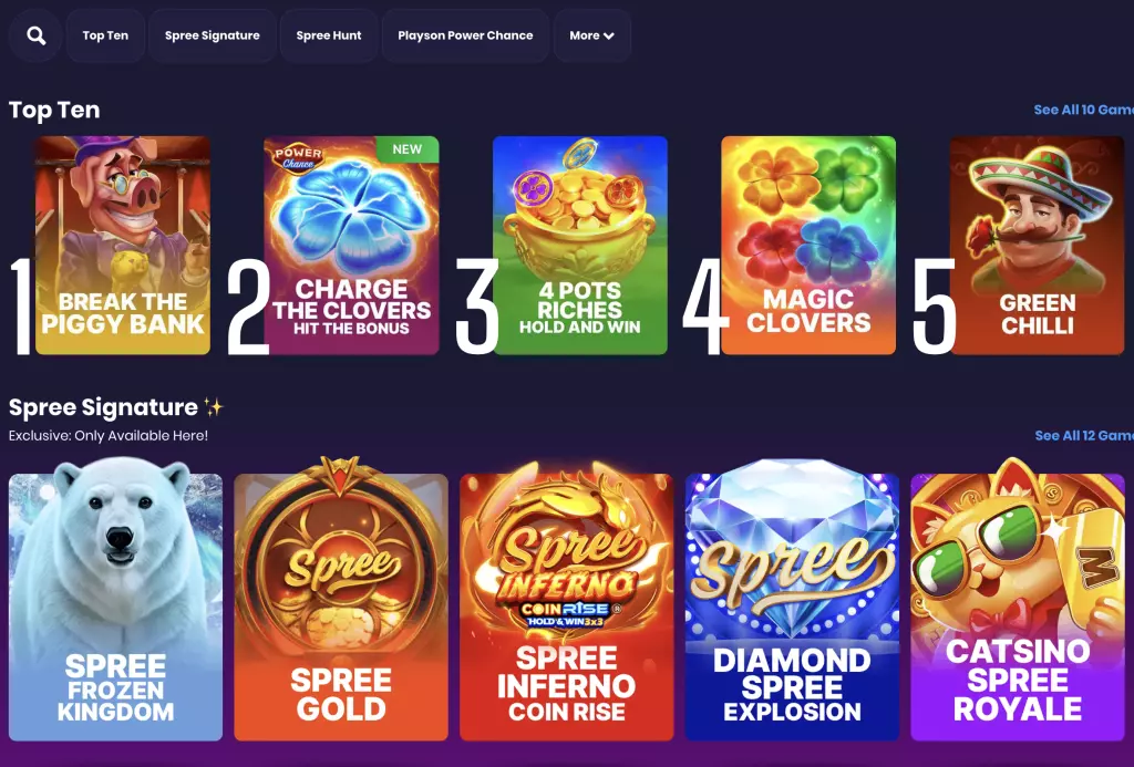 Spree - Screenshot with top games display.