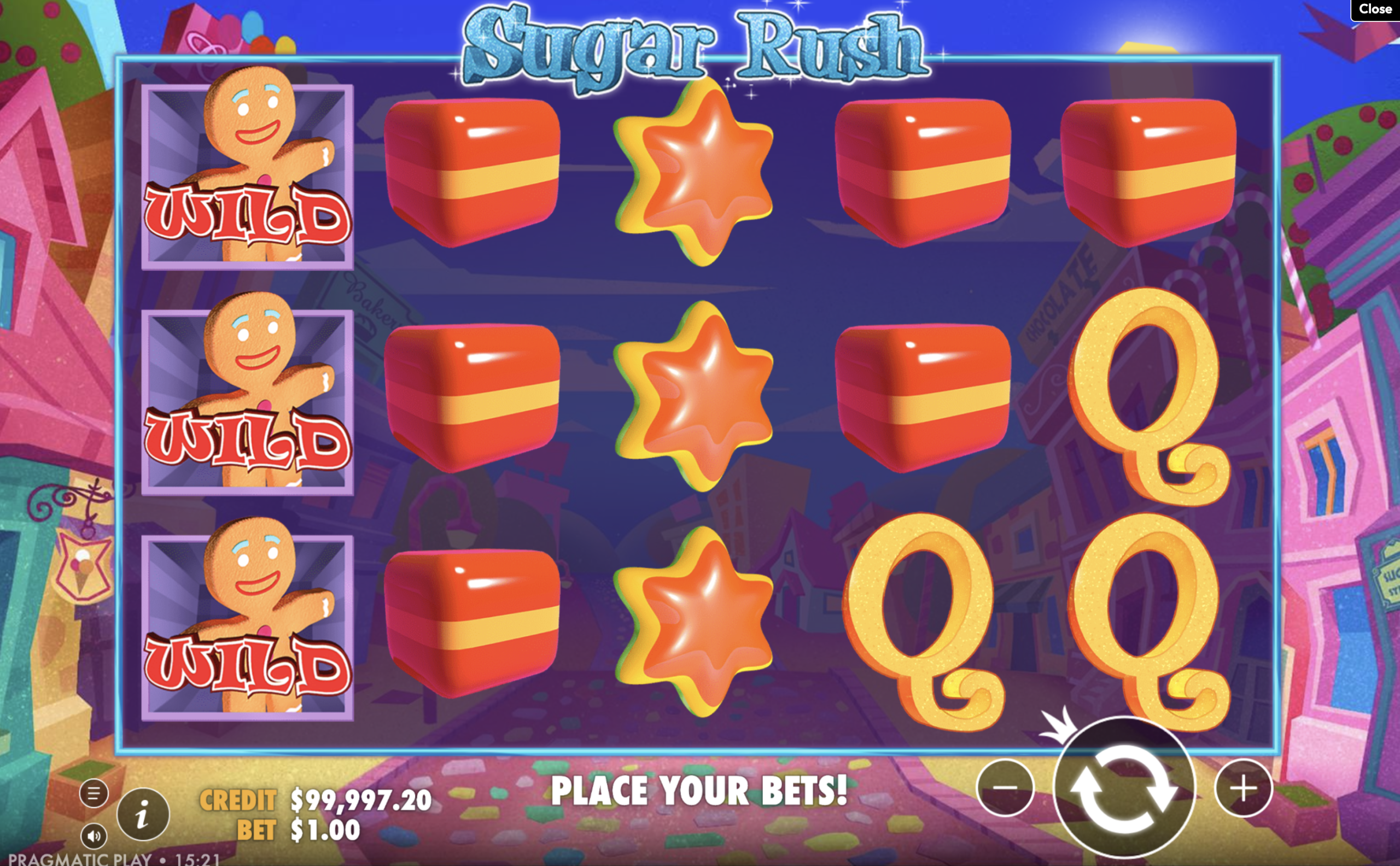 Sugar Rush base game reels with wild symbols.