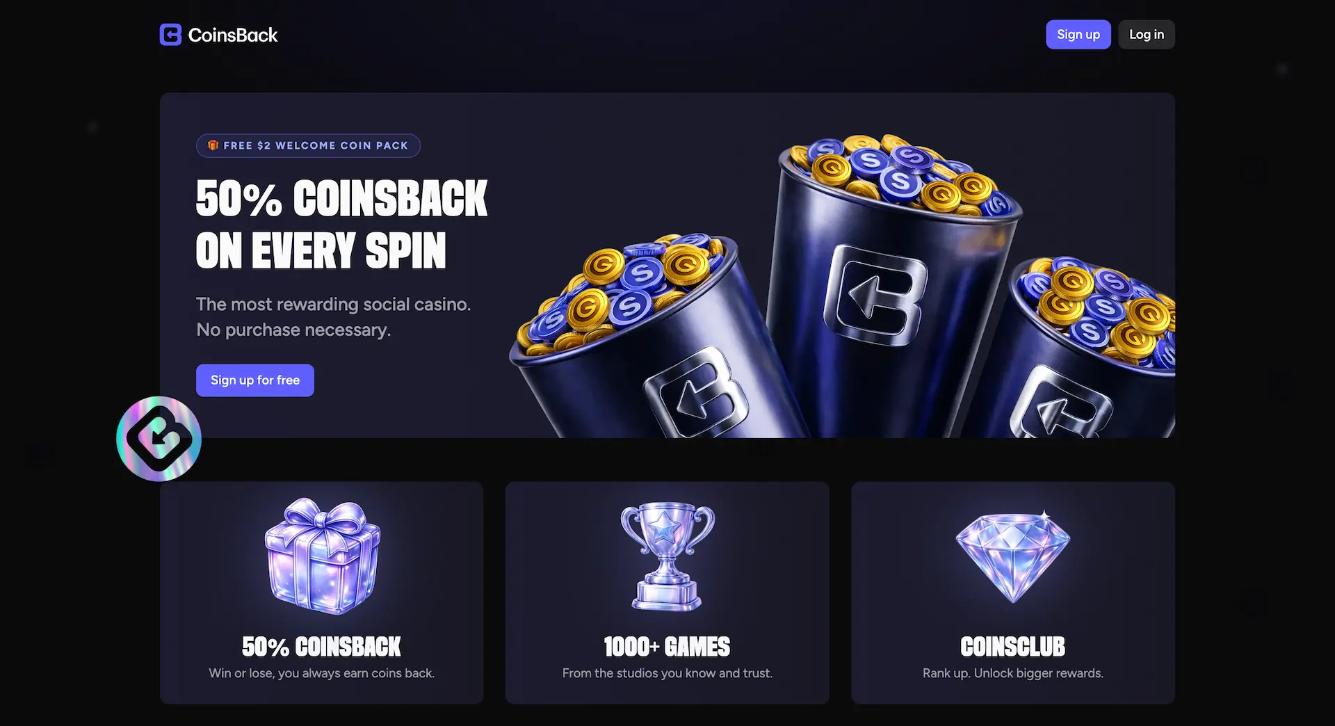 coinsback sweepstakes casino lobby