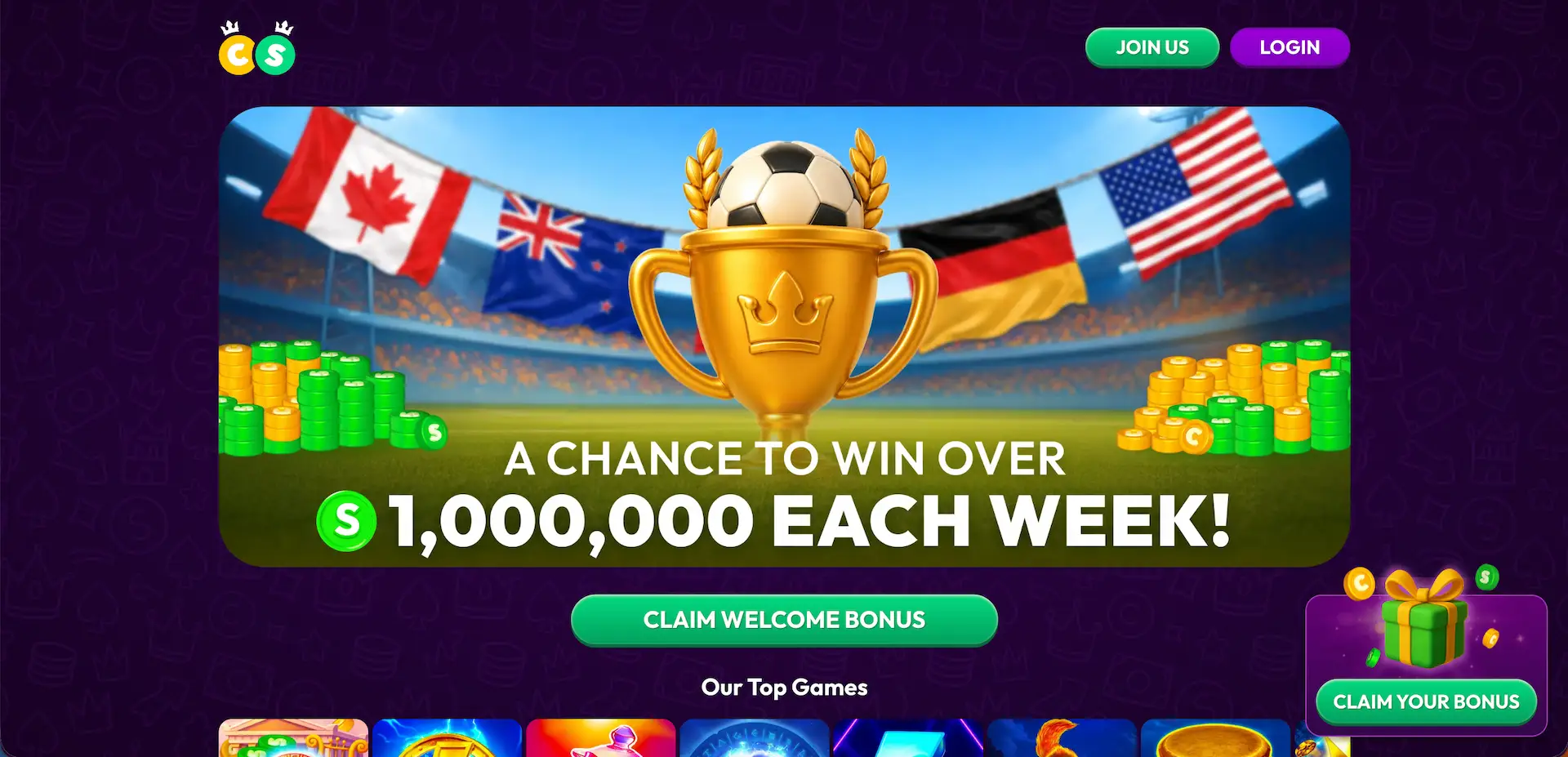 crown coins sweepstakes casino lobby