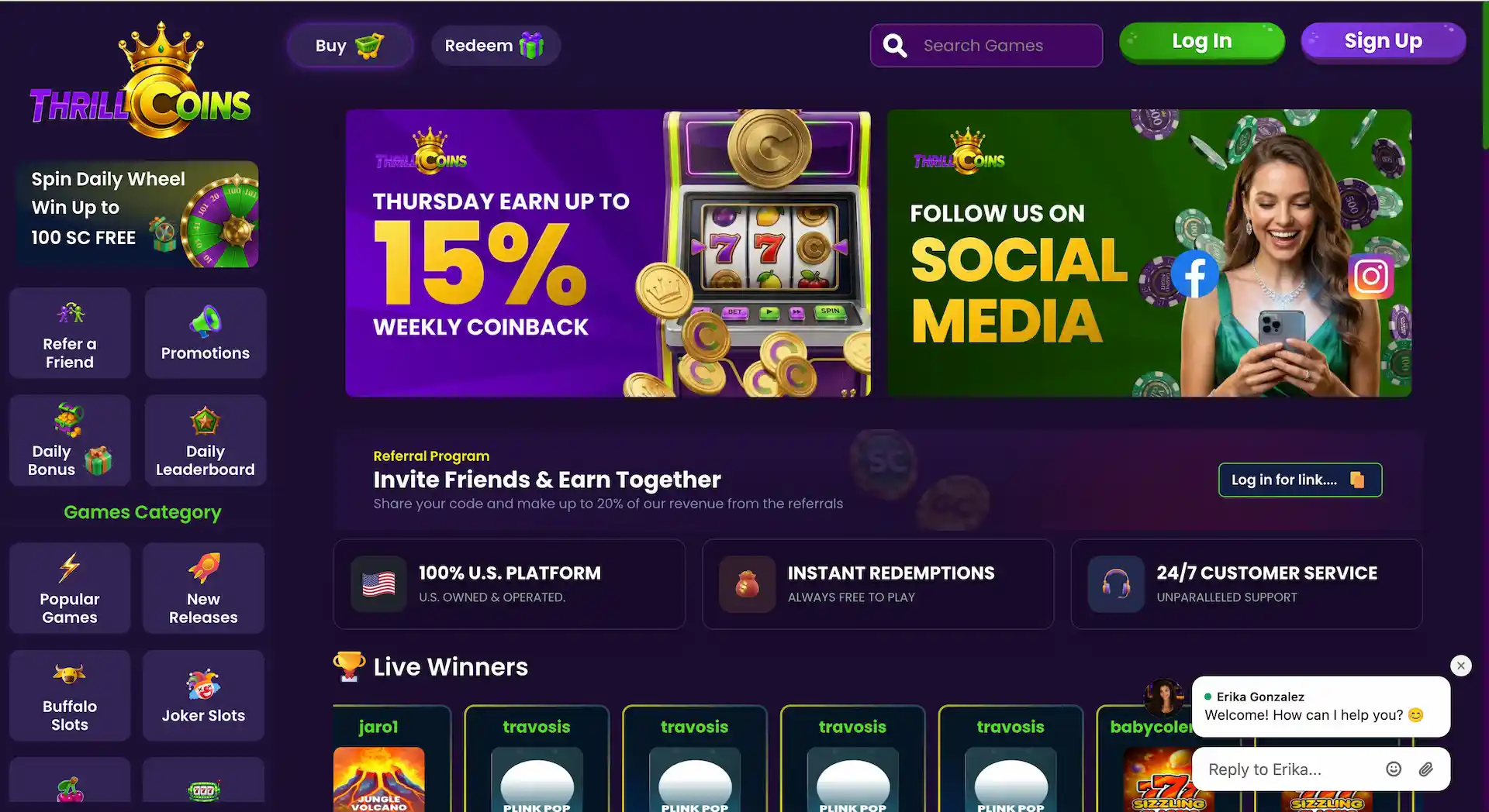 thrillcoins sweepstakes casino lobby