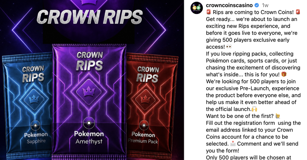 CrownCoins Announcement of Card Rips on Instagram