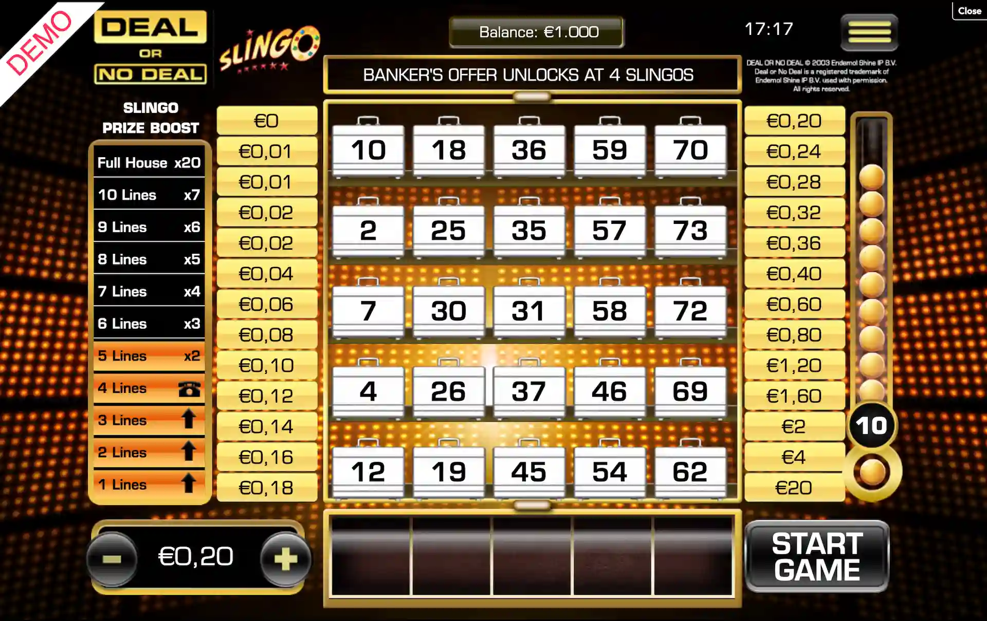 slingo deal or no deal base game
