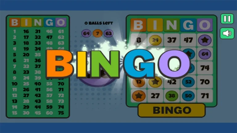 Winning screen from Bingo Solo with the word âBINGOâ in colorful letters over two bingo cards and the last drawn numbers.