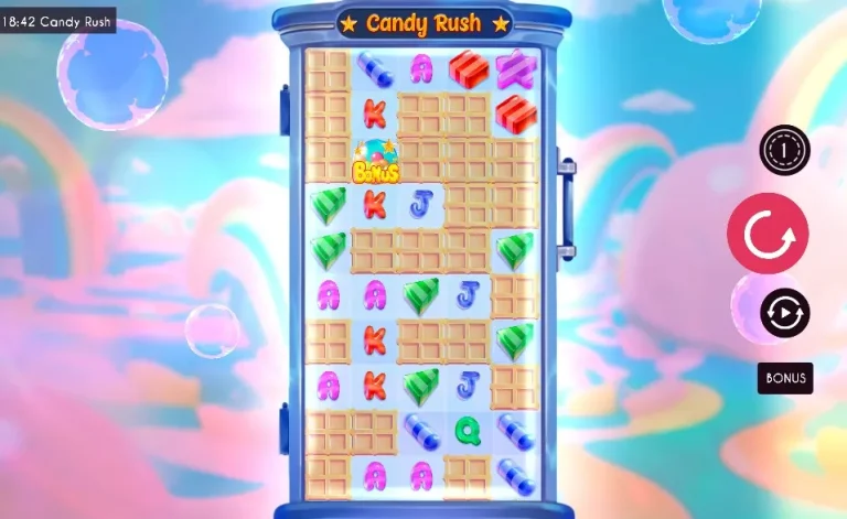 Candy Rush slot displays colorful reels filled with sweets, gems, and bonus tiles in a bright candyland backdrop.