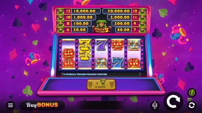 Joker Catcher 7s slot features classic BAR symbols, sevens, and jokers with vibrant neon casino graphics.
