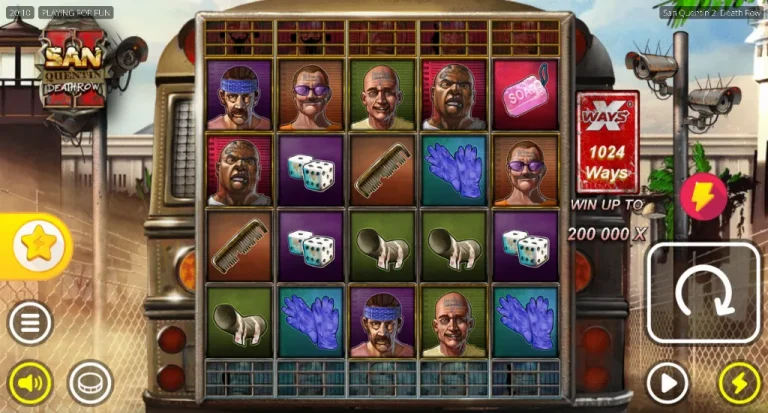 San Quentin 2 Death Row slot presents gritty prison-themed reels with gang characters, dice, gloves, and high-stakes gameplay.
